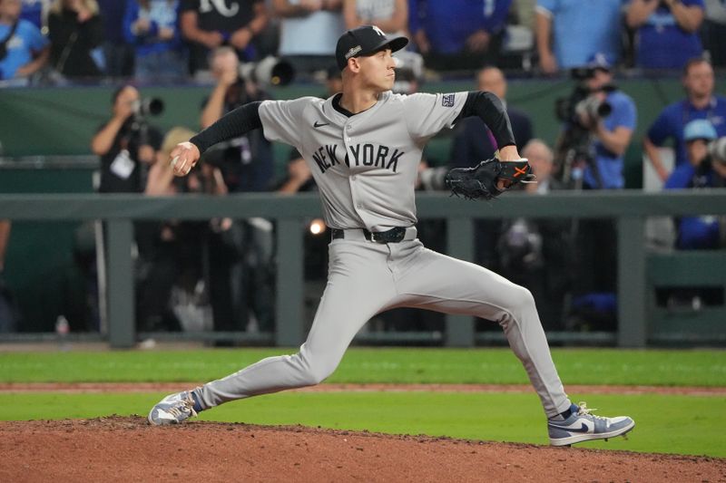 Oct 10, 2024; Kansas City, Missouri, USA; New York Yankees pitcher Luke Weaver (30) pitches during the ninth inning against the Kansas City Royals during game four of the ALDS for the 2024 MLB Playoffs at Kauffman Stadium. Mandatory Credit: Denny Medley-Imagn Images
