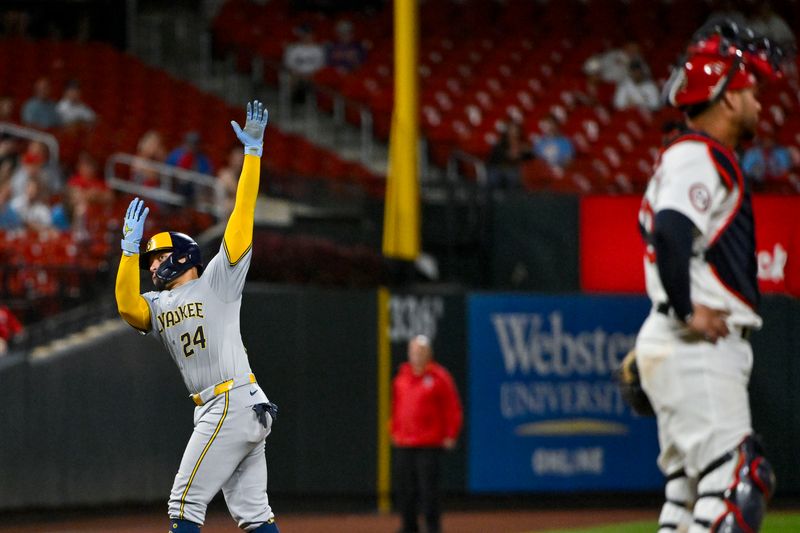 Aug 21, 2024; St. Louis, Missouri, USA;  Milwaukee Brewers catcher William Contreras (24) reacts during a mound visit after hitting a one run double against the St. Louis Cardinals during the sixth inning at Busch Stadium. Mandatory Credit: Jeff Curry-USA TODAY Sports