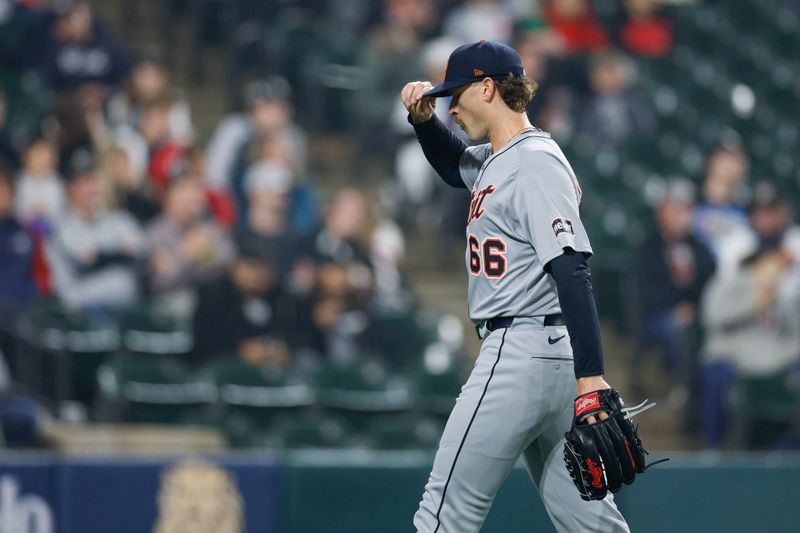 Jun 4, 2025; Chicago, Illinois, USA; Detroit Tigers starting pitcher Sawyer Gipson-Long (66) leaves a baseball game against the Chicago White Sox during the fourth inning at Rate Field. Mandatory Credit: Kamil Krzaczynski-Imagn Images