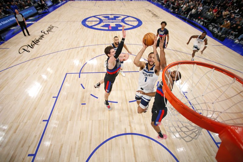 DETROIT, MI - JANUARY 17: Kyle Anderson #1 of the Minnesota Timberwolves shoots the ball during the game against the Detroit Pistons on January 17, 2024 at Little Caesars Arena in Detroit, Michigan. NOTE TO USER: User expressly acknowledges and agrees that, by downloading and/or using this photograph, User is consenting to the terms and conditions of the Getty Images License Agreement. Mandatory Copyright Notice: Copyright 2024 NBAE (Photo by Brian Sevald/NBAE via Getty Images)