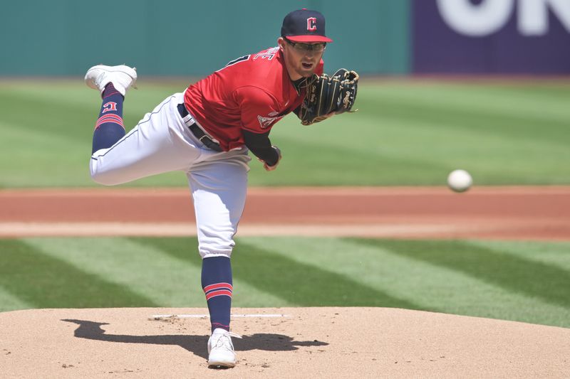 Apr 26, 2023; Cleveland, Ohio, USA; Cleveland Guardians starting pitcher Tanner Bibee (61) throws a pitch during the first inning against the Colorado Rockies at Progressive Field. Mandatory Credit: Ken Blaze-USA TODAY Sports