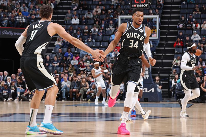 MEMPHIS, TN - FEBRUARY 15: Giannis Antetokounmpo #34 of the Milwaukee Bucks high fives Brook Lopez #11 during the game against the Memphis Grizzlies on February 15, 2024 at FedExForum in Memphis, Tennessee. NOTE TO USER: User expressly acknowledges and agrees that, by downloading and or using this photograph, User is consenting to the terms and conditions of the Getty Images License Agreement. Mandatory Copyright Notice: Copyright 2024 NBAE (Photo by Stephen Gosling/NBAE via Getty Images)