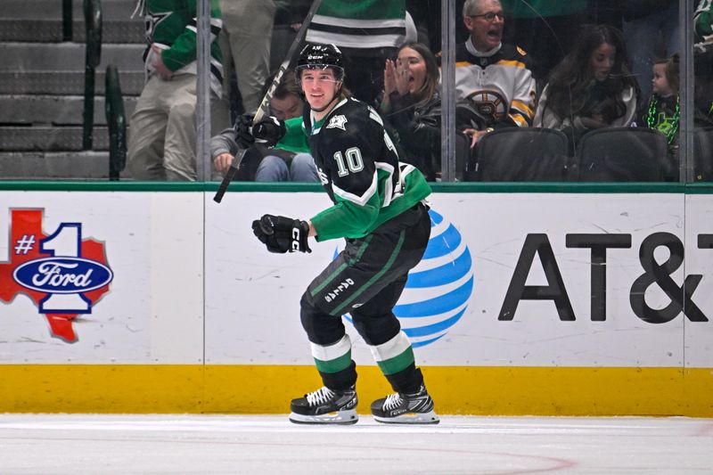 Jan 18, 2026; Dallas, Texas, USA; Dallas Stars center Oskar Beck (10) celebrates after he scores a goal against the Tampa Bay Lightning during the first period at the American Airlines Center. Mandatory Credit: Jerome Miron-Imagn Images