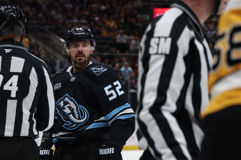 Mar 14, 2026; Salt Lake City, Utah, USA; Utah Mammoth defenseman MacKenzie Weegar (52) exchanges words with Pittsburgh Penguins defenseman Kris Letang (58) after a play during the second period at Delta Center. Mandatory Credit: Rob Gray-Imagn Images Mar 14, 2026; Salt Lake City, Utah, USA; Utah Mammoth defenseman MacKenzie Weegar (52) exchanges words with Pittsburgh Penguins defenseman Kris Letang (58) after a play during the second period at Delta Center. Mandatory Credit: Rob Gray-Imagn Images