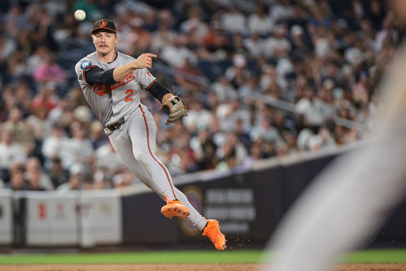 Jun 18, 2024; Bronx, New York, USA; Baltimore Orioles shortstop Gunnar Henderson (2) throws the ball to first base for an out during the eighth inning against the New York Yankees at Yankee Stadium. Mandatory Credit: Vincent Carchietta-USA TODAY Sports