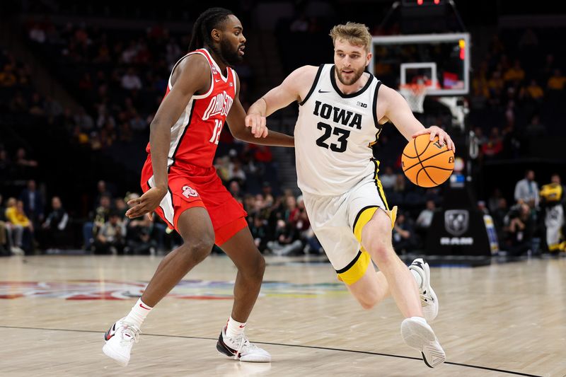 Mar 14, 2024; Minneapolis, MN, USA; Iowa Hawkeyes forward Ben Krikke (23) dribbles around Ohio State Buckeyes guard Evan Mahaffey (12) during the first half at Target Center. Mandatory Credit: Matt Krohn-USA TODAY Sports