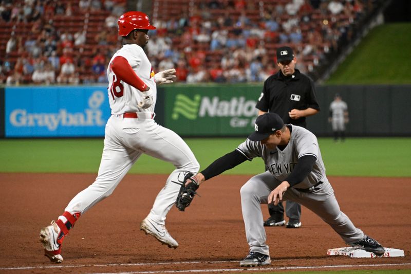 Jul 1, 2023; St. Louis, Missouri, USA; New York Yankees first baseman Anthony Rizzo (48) forces out St. Louis Cardinals left fielder Jordan Walker (18) in the eighth inning in game two of a double header at Busch Stadium. Mandatory Credit: Joe Puetz-USA TODAY Sports