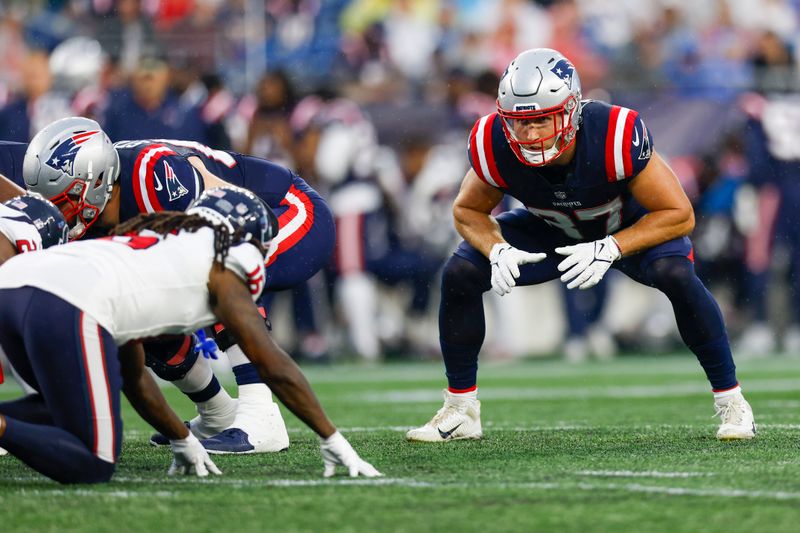 New England Patriots linebacker Jourdan Heilig (37) at the line of scrimmage during the first half of an NFL pre-season football game against the Houston Texans, Thursday, Aug. 10, 2023, in Foxborough, Mass. (AP Photo/Greg M. Cooper)