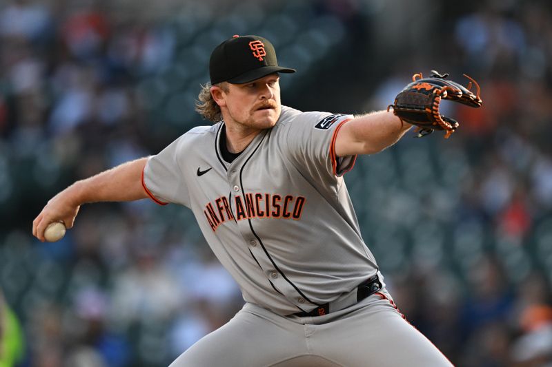 May 27, 2025; Detroit, Michigan, USA;  San Francisco Giants starting pitcher Logan Webb (62) throws a pitch against the Detroit Tigers in the first inning at Comerica Park. Mandatory Credit: Lon Horwedel-Imagn Images