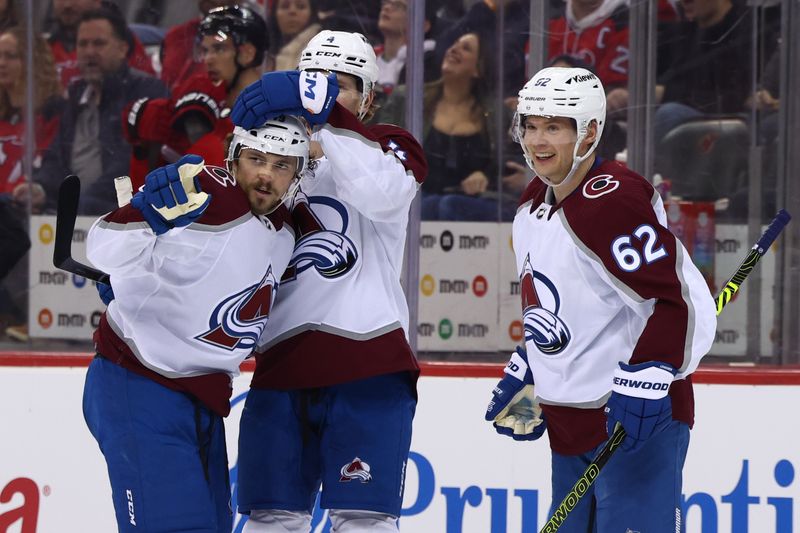 Feb 6, 2024; Newark, New Jersey, USA; Colorado Avalanche defenseman Samuel Girard (49) celebrates his goal against the New Jersey Devils during the third period at Prudential Center. Mandatory Credit: Ed Mulholland-USA TODAY Sports