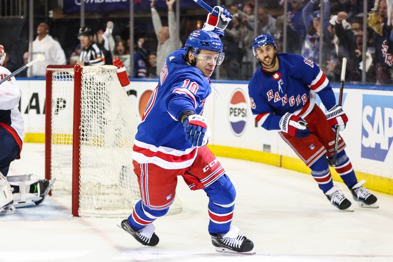 Apr 21, 2024; New York, New York, USA; New York Rangers left wing Artemi Panarin (10) celebrates after scoring a goal in the second period against the Washington Capitals in game one of the first round of the 2024 Stanley Cup Playoffs at Madison Square Garden. Mandatory Credit: Wendell Cruz-USA TODAY Sports