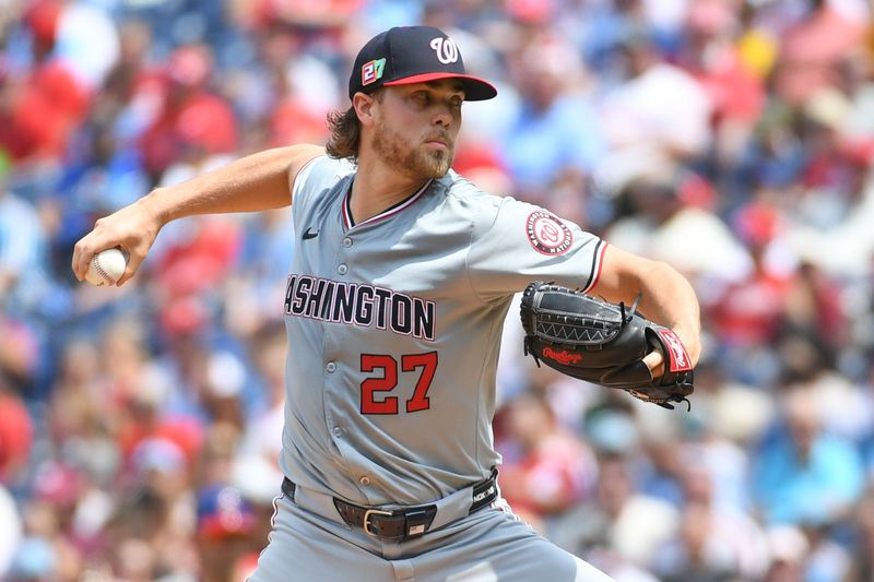 Aug 18, 2024; Philadelphia, Pennsylvania, USA; Washington Nationals pitcher Jake Irvin (27) throws a pitch during the first inning against the Philadelphia Phillies at Citizens Bank Park. Mandatory Credit: Eric Hartline-USA TODAY Sports