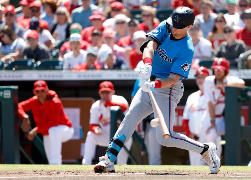 Mar 18, 2025; Jupiter, Florida, USA;  Miami Marlins left fielder Kyle Stowers (28) at bat against the St. Louis Cardinals during the first inning at Roger Dean Chevrolet Stadium. Mandatory Credit: Rhona Wise-Imagn Images