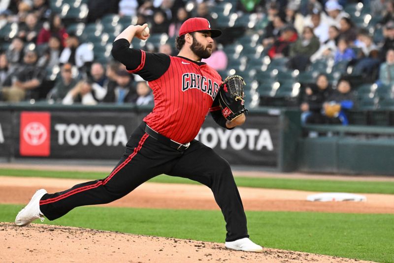 May 9, 2025; Chicago, Illinois, USA;  Chicago White Sox pitcher Bryse Wilson (46) delivers during the second inning against the Miami Marlins at Rate Field. Mandatory Credit: Matt Marton-Imagn Images