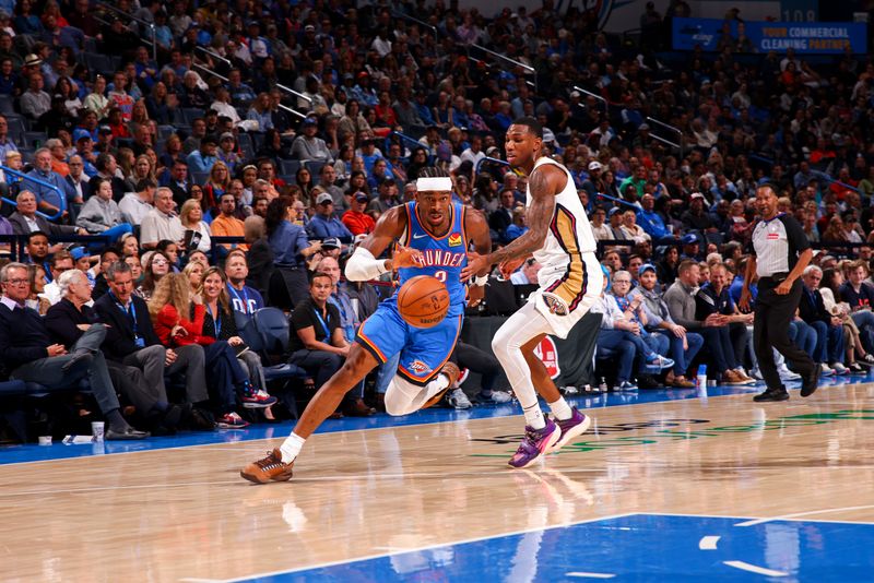 OKLAHOMA CITY, OK - NOVEMBER 13:  Shai Gilgeous-Alexander #2 of the Oklahoma City Thunder drives to the basket during the game against the New Orleans Pelicans on November 13, 2024 at Paycom Center in Oklahoma City, Oklahoma. NOTE TO USER: User expressly acknowledges and agrees that, by downloading and or using this photograph, User is consenting to the terms and conditions of the Getty Images License Agreement. Mandatory Copyright Notice: Copyright 2024 NBAE (Photo by Zach Beeker/NBAE via Getty Images)