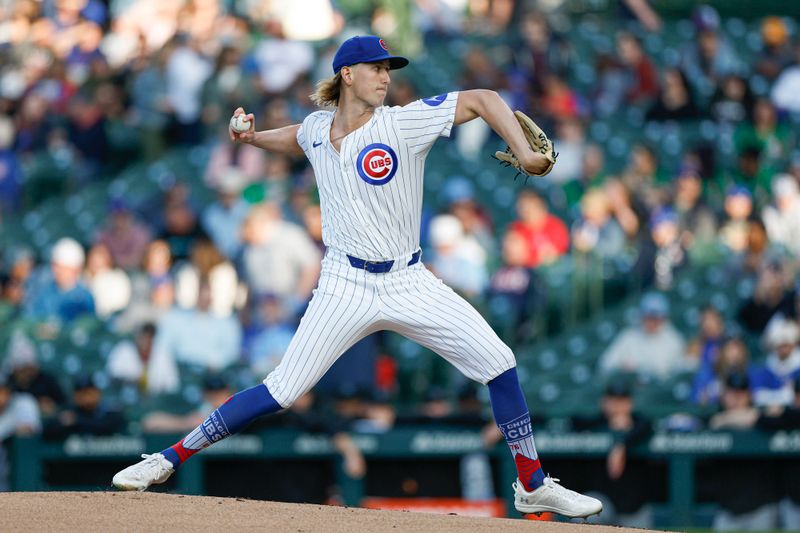 May 13, 2025; Chicago, Illinois, USA; Chicago Cubs starting pitcher Ben Brown (32) delivers a pitch against the Miami Marlins during the first inning at Wrigley Field. Mandatory Credit: Kamil Krzaczynski-Imagn Images