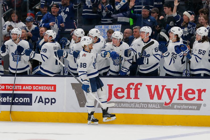 Dec 23, 2023; Columbus, Ohio, USA; Toronto Maple Leafs right wing William Nylander (88) celebrates his goal against the Columbus Blue Jackets during the third period at Nationwide Arena. Mandatory Credit: Russell LaBounty-USA TODAY Sports