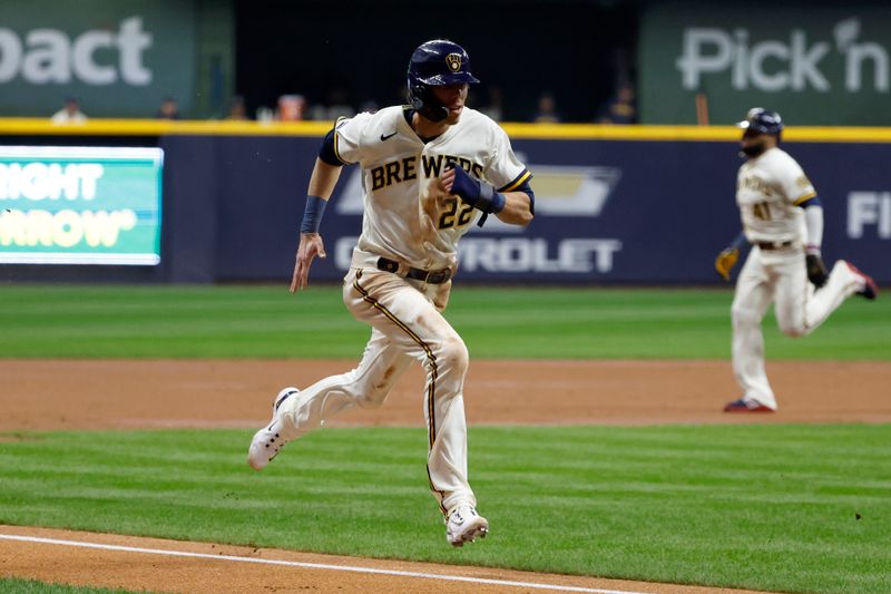 Oct 4, 2023; Milwaukee, Wisconsin, USA; Milwaukee Brewers left fielder Christian Yelich (22) runs home to score against the Arizona Diamondbacks in the first inning during game two of the Wildcard series for the 2023 MLB playoffs at American Family Field. Mandatory Credit: Kamil Krzaczynski-USA TODAY Sports