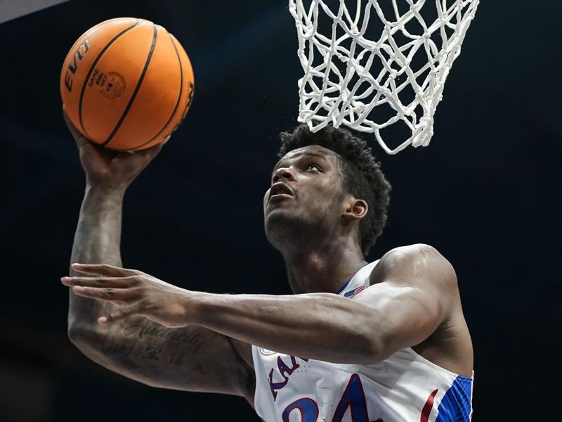  Nov 6, 2023; Lawrence, Kansas, USA; Kansas Jayhawks forward K.J. Adams Jr. (24) shoots during the second half against the North Carolina Central Eagles at Allen Fieldhouse. Mandatory Credit: Jay Biggerstaff-USA TODAY Sports