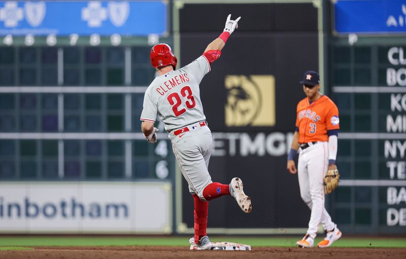 Apr 30, 2023; Houston, Texas, USA; Houston Astros shortstop Jeremy Pena (3) looks on as Philadelphia Phillies designated hitter Kody Clemens (23) rounds the bases after hitting a home run during the fifth inning at Minute Maid Park. Mandatory Credit: Troy Taormina-USA TODAY Sports