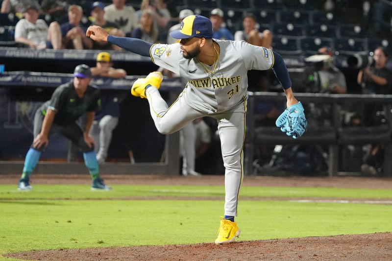 May 9, 2025; Tampa, Florida, USA; Milwaukee Brewers relief pitcher Joel Payamps (31) throws a pitch agains the Tampa Bay Rays during the eighth inning at George M. Steinbrenner Field. Mandatory Credit: Dave Nelson-Imagn Images