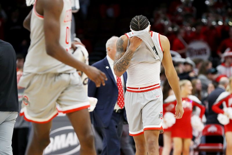 Feb 6, 2024; Columbus, Ohio, USA; Ohio State Buckeyes guard Roddy Gayle Jr. (1) reacts as time winds down during the second half against the Indiana Hoosiers at Value City Arena. Mandatory Credit: Joseph Maiorana-USA TODAY Sports