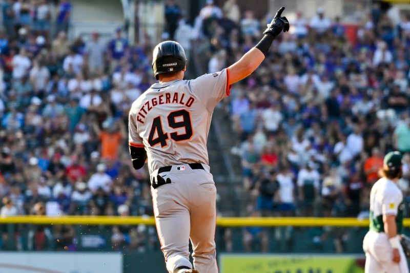 Jul 20, 2024; Denver, Colorado, USA; San Francisco Giants outfielder Tyler Fitzgerald (49) reacts after hitting a home run against the Colorado Rockies in the third inning at Coors Field. Mandatory Credit: John Leyba-USA TODAY Sports