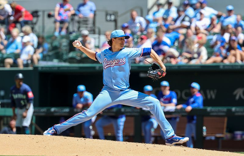 May 4, 2025; Arlington, Texas, USA;  Texas Rangers starting pitcher Jacob deGrom (48) throws during the fifth inning against the Seattle Mariners at Globe Life Field. Mandatory Credit: Kevin Jairaj-Imagn Images