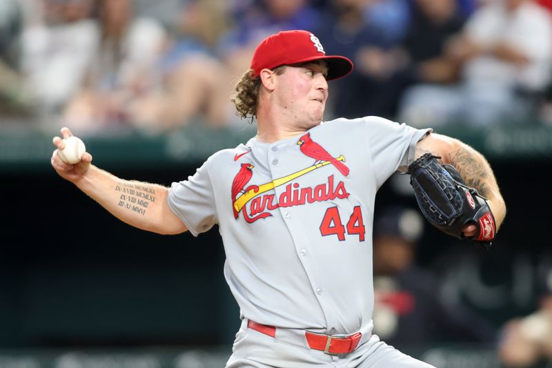 May 30, 2025; Arlington, Texas, USA; St. Louis Cardinals pitcher Gordon Graceffo (44) throws a pitch during the sixth inning against the Texas Rangers at Globe Life Field. Mandatory Credit: Tim Heitman-Imagn Images