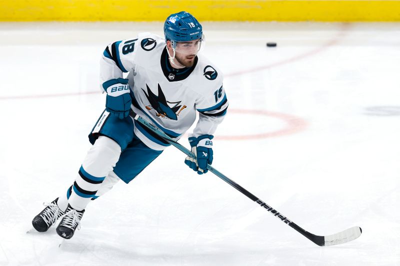 Feb 14, 2024; Winnipeg, Manitoba, CAN; San Jose Sharks right wing Filip Zadina (18) warms up before a game against the Winnipeg Jets at Canada Life Centre. Mandatory Credit: James Carey Lauder-USA TODAY Sports