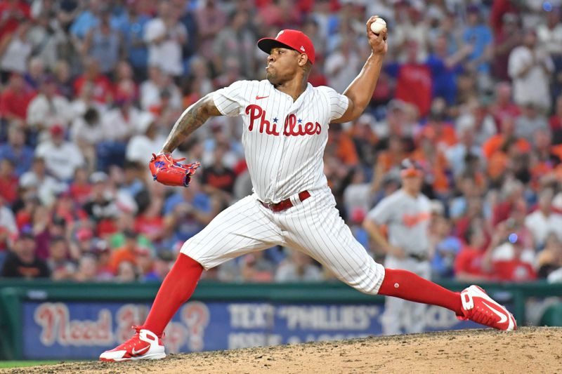 Jul 26, 2023; Philadelphia, Pennsylvania, USA; Philadelphia Phillies relief pitcher Gregory Soto (30) throws a pitch during the ninth inning against the Baltimore Orioles at Citizens Bank Park. Mandatory Credit: Eric Hartline-USA TODAY Sports