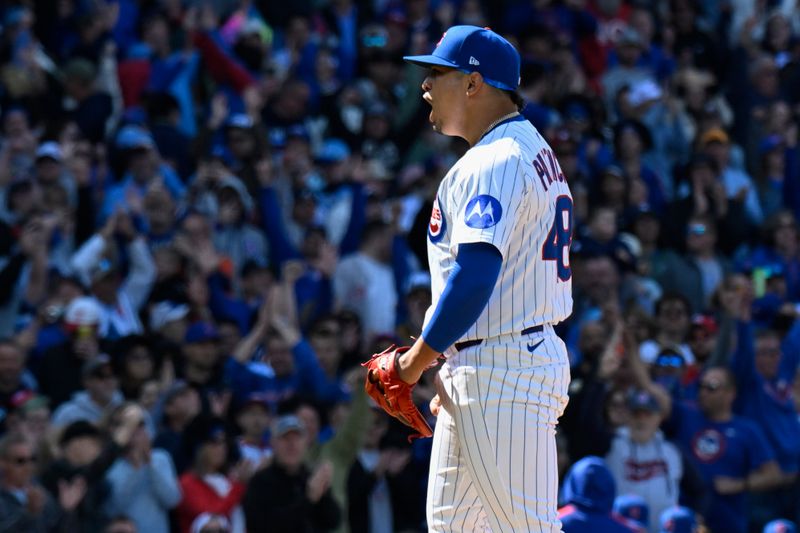 May 31, 2025; Chicago, Illinois, USA;  Chicago Cubs pitcher Daniel Palencia (48) reacts after the game against the Cincinnati Reds at Wrigley Field. Mandatory Credit: Matt Marton-Imagn Images