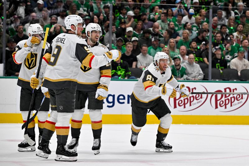 Apr 24, 2024; Dallas, Texas, USA; Vegas Golden Knights center Jack Eichel (9) and Vegas Golden Knights right wing Jonathan Marchessault (81) and defenseman Shea Theodore (27) and center Ivan Barbashev (49) celebrates a goal scored by Marchessault against the Dallas Stars in the first period in game two of the first round of the 2024 Stanley Cup Playoffs at American Airlines Center. Mandatory Credit: Jerome Miron-USA TODAY Sports