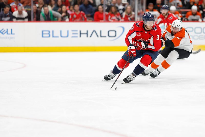 Mar 1, 2024; Washington, District of Columbia, USA; Washington Capitals defenseman Nick Jensen (3) skates with the puck as Philadelphia Flyers left wing Noah Cates (27) chases in the second period at Capital One Arena. Mandatory Credit: Geoff Burke-USA TODAY Sports