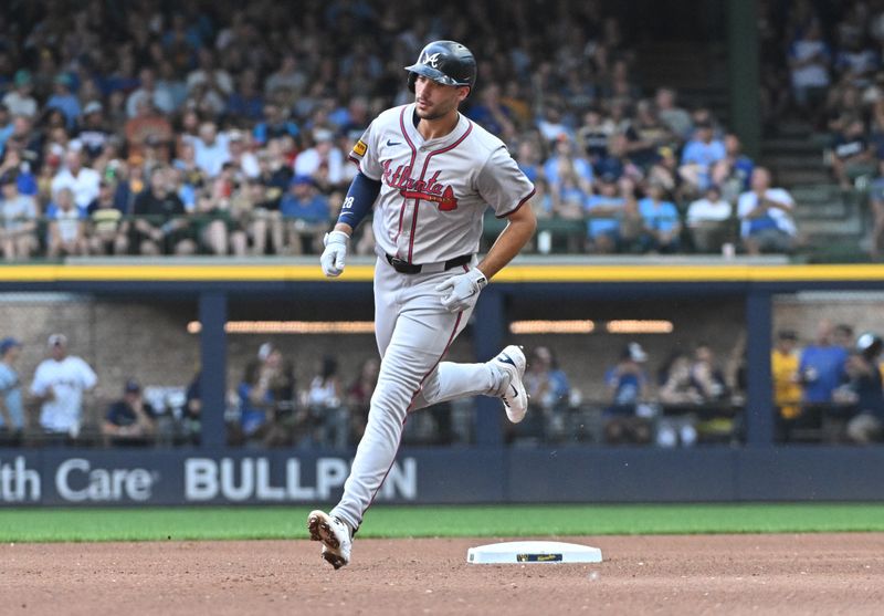 Jul 31, 2024; Milwaukee, Wisconsin, USA; Atlanta Braves first base Matt Olson (28) runs the bases after hitting a home run against the Milwaukee Brewers in the fourth inning at American Family Field. Mandatory Credit: Michael McLoone-USA TODAY Sports