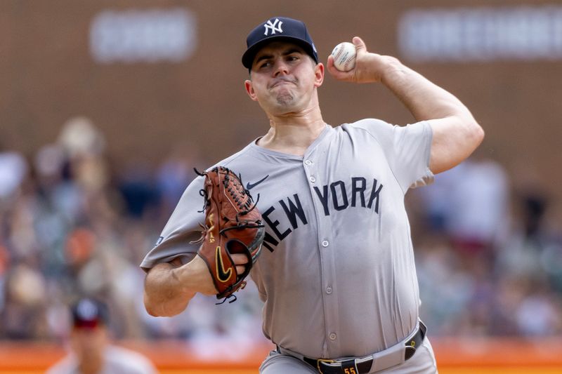 Aug 17, 2024; Detroit, Michigan, USA; New York Yankees starting pitcher Carlos Rodón (55) delivers in the first inning against the Detroit Tigers at Comerica Park. Mandatory Credit: David Reginek-USA TODAY Sports