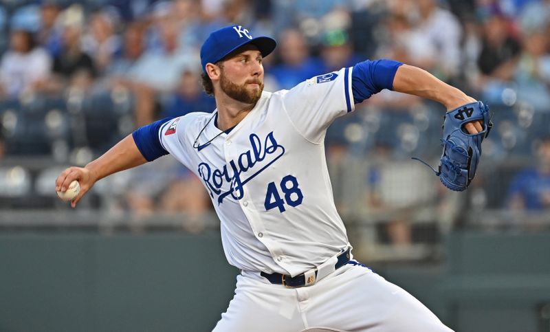 Sep 18, 2024; Kansas City, Missouri, USA;  Kansas City Royals starting pitcher Alec Marsh (48) throws a pitch in the first inning against the Detroit Tigers at Kauffman Stadium. Mandatory Credit: Peter Aiken-Imagn Images