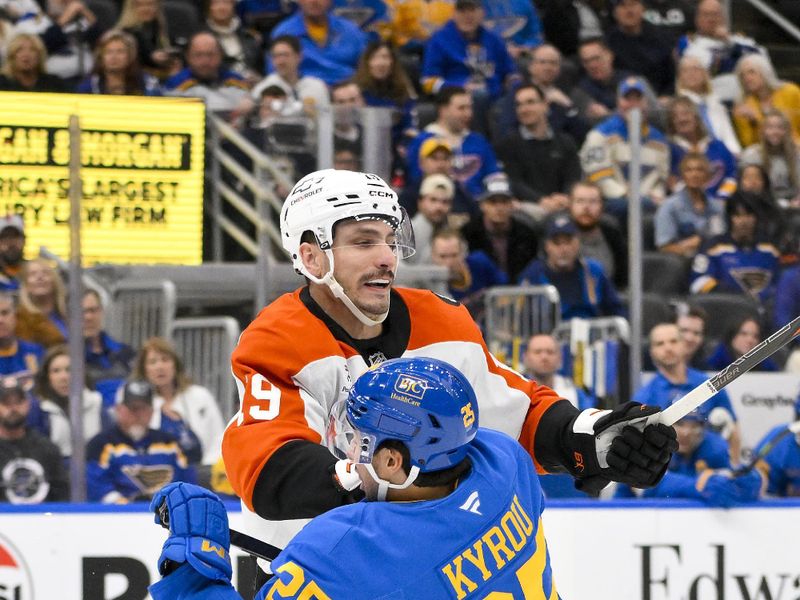 Nov 14, 2025; St. Louis, Missouri, USA; Philadelphia Flyers right wing Garnet Hathaway (19) checks St. Louis Blues right wing Jordan Kyrou (25) during the second period at Enterprise Center. Mandatory Credit: Jeff Curry-Imagn Images