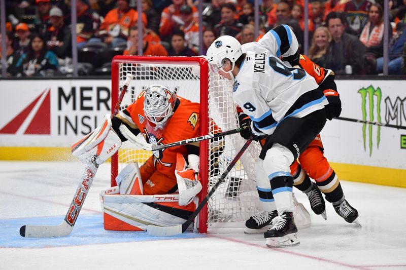 Oct 16, 2024; Anaheim, California, USA; Anaheim Ducks goaltender Lukas Dostal (1) defends the goal against Utah Hockey Club center Clayton Keller (9) during the third period at Honda Center. Mandatory Credit: Gary A. Vasquez-Imagn Images