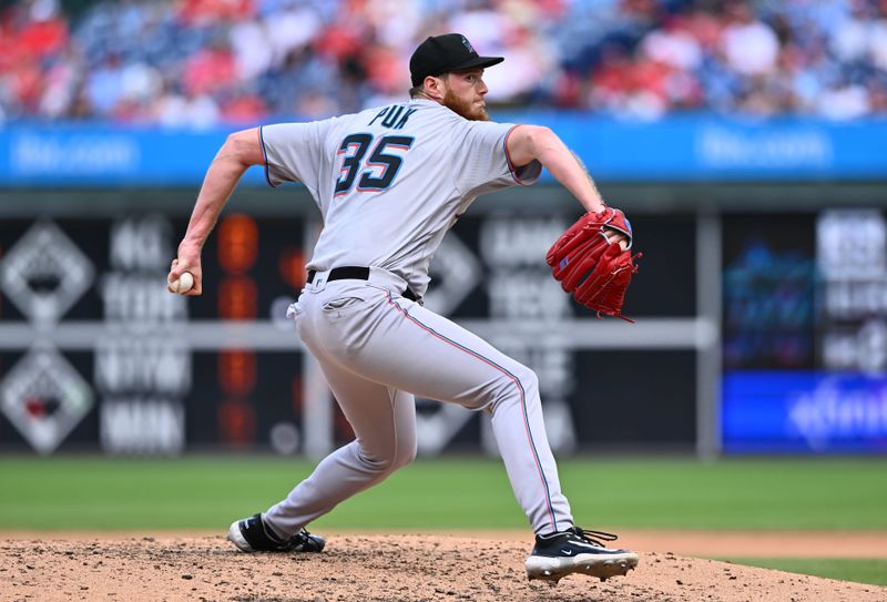 Sep 10, 2023; Philadelphia, Pennsylvania, USA; Miami Marlins relief pitcher A.J. Puk (35) throws a pitch against the Philadelphia Phillies in the fifth inning at Citizens Bank Park. Mandatory Credit: Kyle Ross-USA TODAY Sports