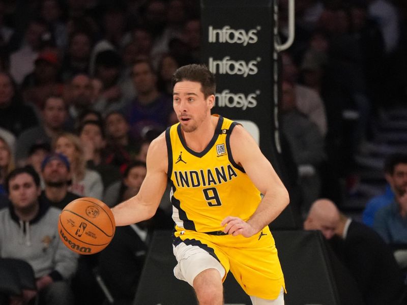 NEW YORK, NY - FEBRUARY 10: T.J. McConnell #9 of the Indiana Pacers dribbles the ball during the game against the New York Knicks on February 10, 2024 at Madison Square Garden in New York City, New York.  NOTE TO USER: User expressly acknowledges and agrees that, by downloading and or using this photograph, User is consenting to the terms and conditions of the Getty Images License Agreement. Mandatory Copyright Notice: Copyright 2024 NBAE  (Photo by Jesse D. Garrabrant/NBAE via Getty Images)