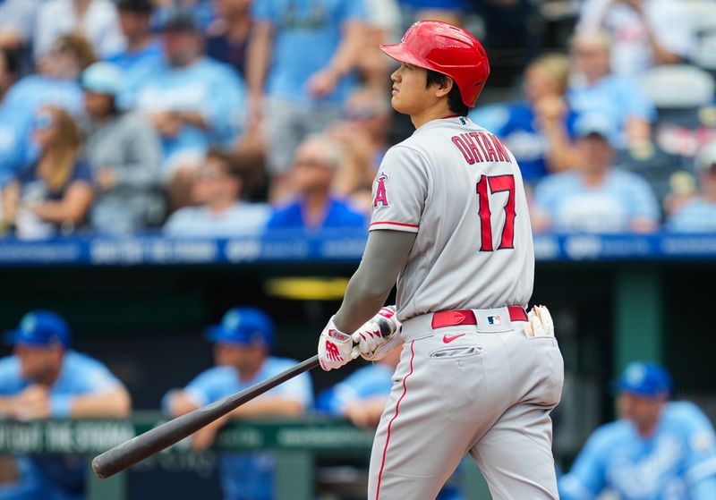 Jun 18, 2023; Kansas City, Missouri, USA; Los Angeles Angels designated hitter Shohei Ohtani (17) hits a home run during the fifth inning against the Kansas City Royals at Kauffman Stadium. Mandatory Credit: Jay Biggerstaff-USA TODAY Sports