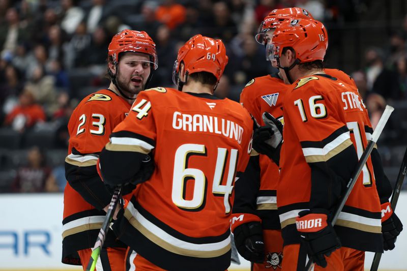 Dec 20, 2025; Anaheim, California, USA;  Anaheim Ducks center Mason McTavish (23) huddles with center Mikael Granlund (64) and center Ryan Strome (16) during the second period against the Columbus Blue Jackets at Honda Center. Mandatory Credit: Kiyoshi Mio-Imagn Images
