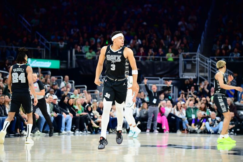 AUSTIN, TX - MARCH 17: Keldon Johnson #3 of the San Antonio Spurs celebrates a three point basket during the game against the Brooklyn Nets on March 17, 2024 at the Moody Center in Austin, Texas. NOTE TO USER: User expressly acknowledges and agrees that, by downloading and or using this photograph, user is consenting to the terms and conditions of the Getty Images License Agreement. Mandatory Copyright Notice: Copyright 2024 NBAE (Photos by Michael Gonzales/NBAE via Getty Images)