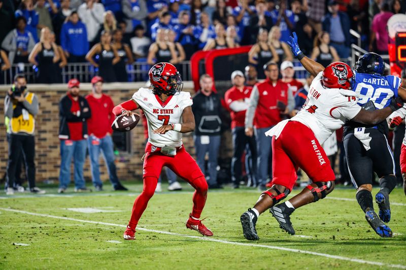 Oct 14, 2023; Durham, North Carolina, USA; North Carolina State Wolfpack quarterback MJ Morris (7) gets ready to throw the football during the first half of the game against Duke Blue Devils at Wallace Wade Stadium. Mandatory Credit: Jaylynn Nash-USA TODAY Sports