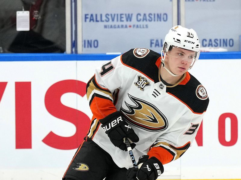 Feb 17, 2024; Toronto, Ontario, CAN; Anaheim Ducks defenseman Pavel Mintyukov (34) warms up before a game against the Toronto Maple Leafs at Scotiabank Arena. Mandatory Credit: Nick Turchiaro-USA TODAY Sports