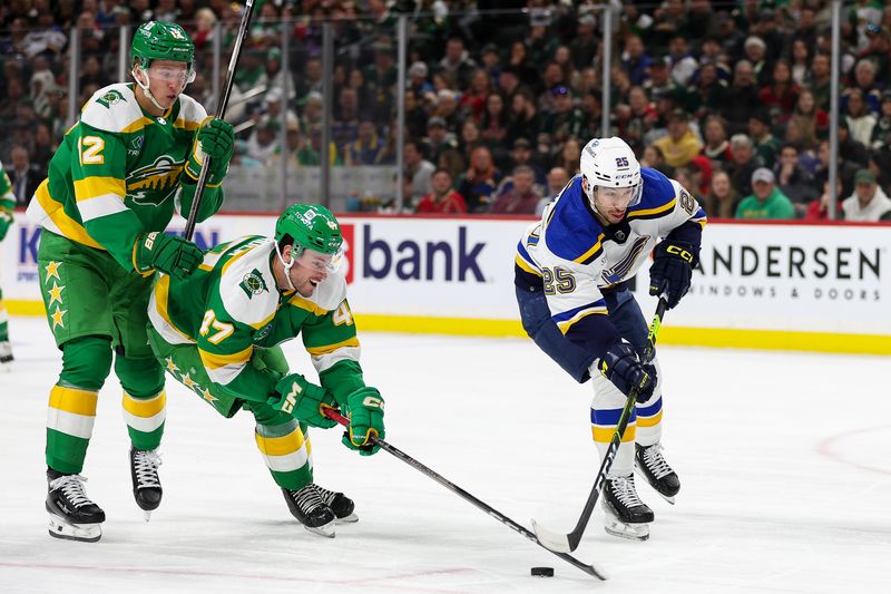 Mar 23, 2024; Saint Paul, Minnesota, USA; St. Louis Blues center Jordan Kyrou (25) shoots as Minnesota Wild defenseman Declan Chisholm (47) defends during the second period at Xcel Energy Center. Mandatory Credit: Matt Krohn-USA TODAY Sports