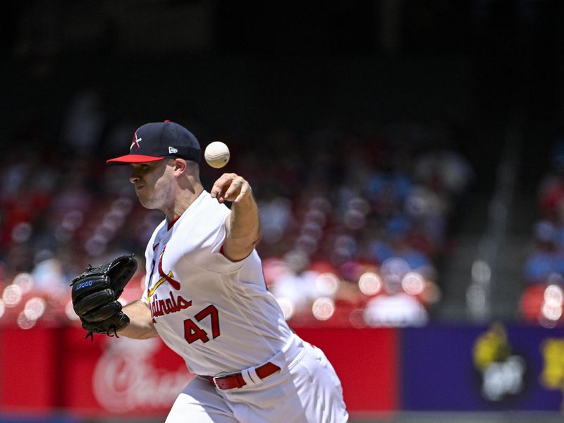 Aug 6, 2023; St. Louis, Missouri, USA;  St. Louis Cardinals relief pitcher John King (47) pitches against the Colorado Rockies during the sixth inning at Busch Stadium. Mandatory Credit: Jeff Curry-USA TODAY Sports