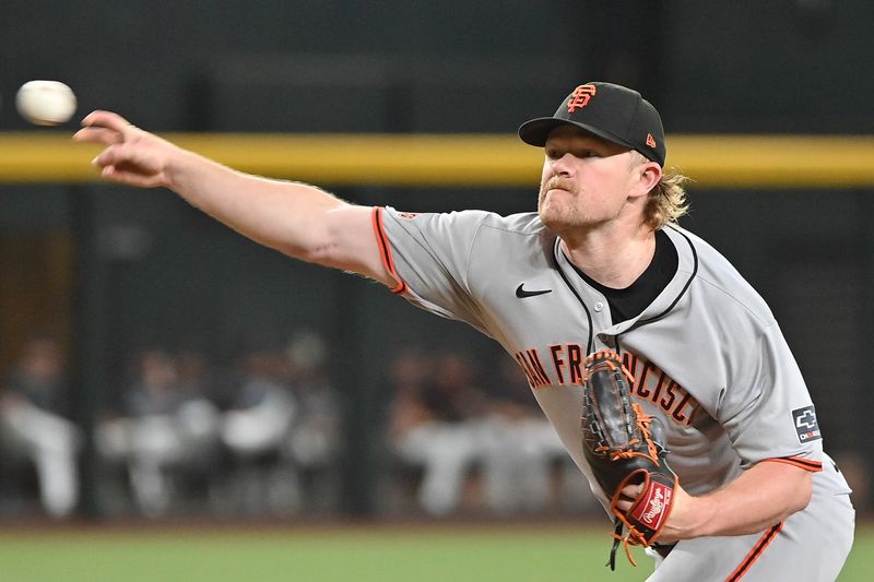 Jun 30, 2025; Phoenix, Arizona, USA;  San Francisco Giants pitcher Logan Webb (62) throws in the first inning against the Arizona Diamondbacks at Chase Field. Mandatory Credit: Matt Kartozian-Imagn Images