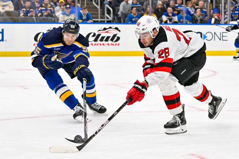 Nov 3, 2023; St. Louis, Missouri, USA;  St. Louis Blues defenseman Colton Parayko (55) defends against New Jersey Devils right wing Timo Meier (28) during the third period at Enterprise Center. Mandatory Credit: Jeff Curry-USA TODAY Sports